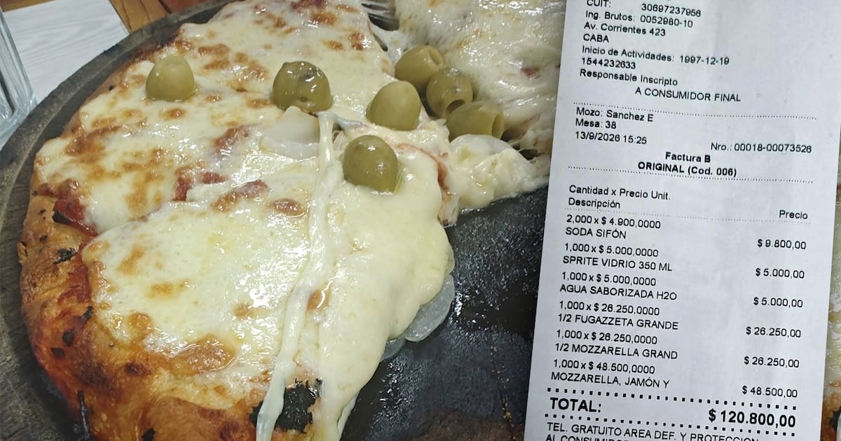 Un almuerzo en El Cuartito: tres renglones de pizza y cuatro bebidas superaron los 120.000 pesos